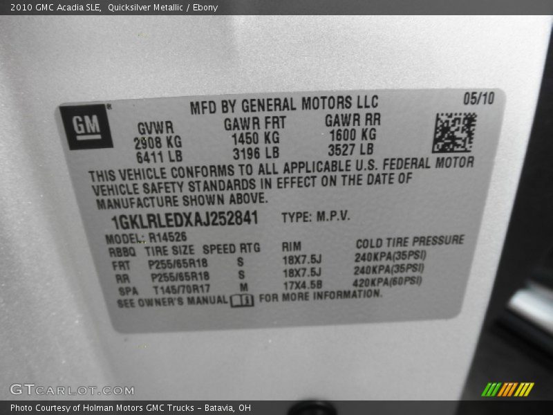 Quicksilver Metallic / Ebony 2010 GMC Acadia SLE