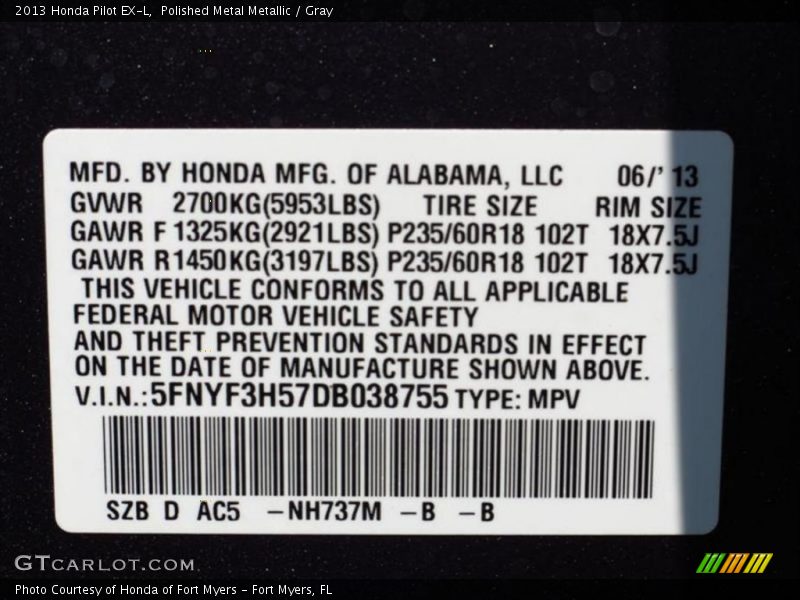 Polished Metal Metallic / Gray 2013 Honda Pilot EX-L