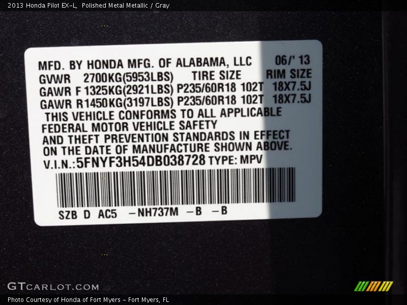 Polished Metal Metallic / Gray 2013 Honda Pilot EX-L