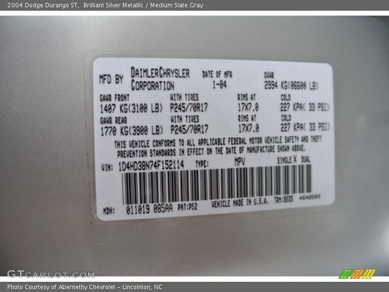 Brilliant Silver Metallic / Medium Slate Gray 2004 Dodge Durango ST