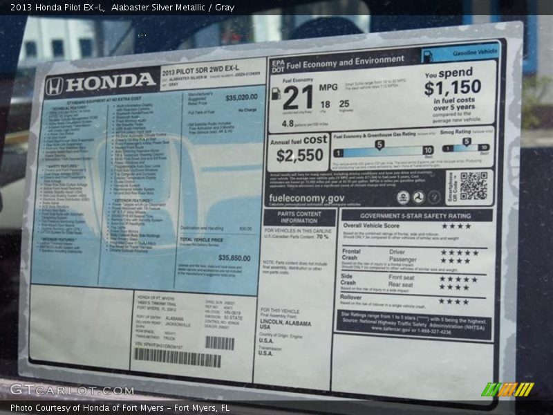 Alabaster Silver Metallic / Gray 2013 Honda Pilot EX-L