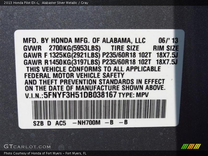 Alabaster Silver Metallic / Gray 2013 Honda Pilot EX-L