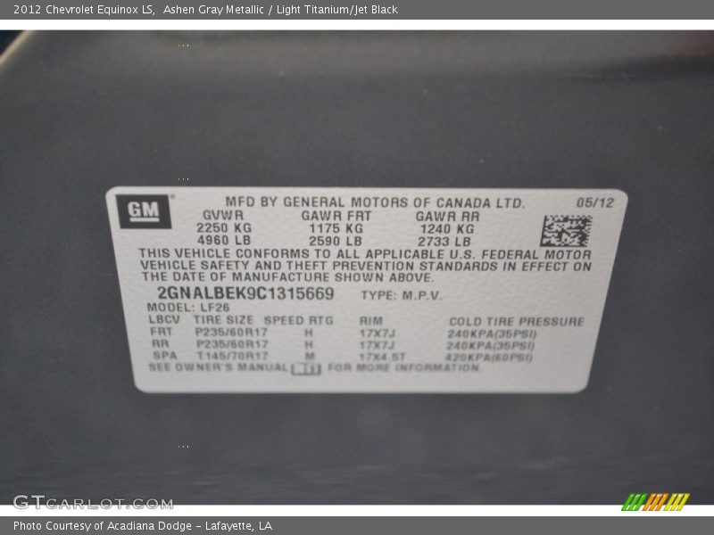 Ashen Gray Metallic / Light Titanium/Jet Black 2012 Chevrolet Equinox LS