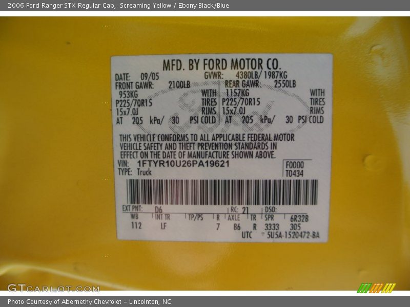 2006 Ranger STX Regular Cab Screaming Yellow Color Code D6