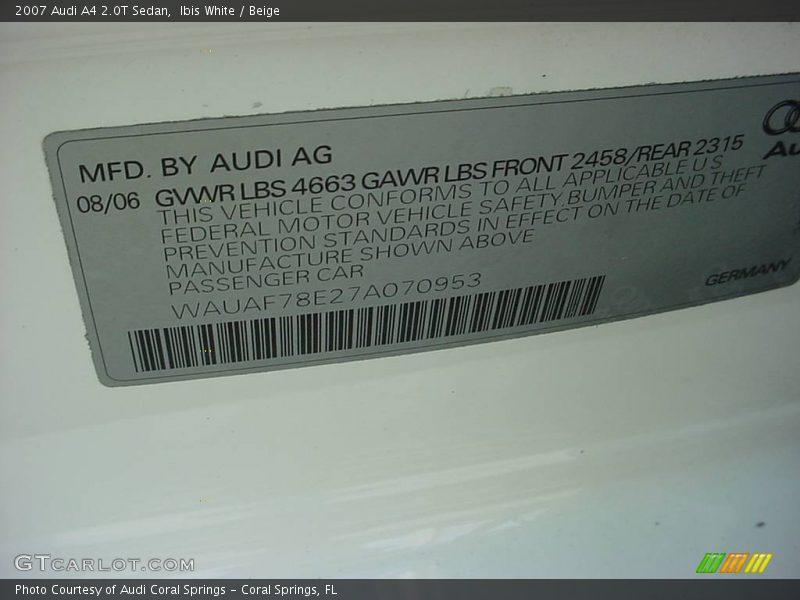 Ibis White / Beige 2007 Audi A4 2.0T Sedan