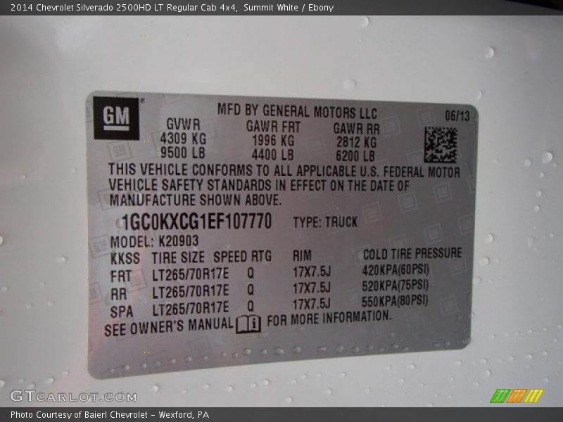 Info Tag of 2014 Silverado 2500HD LT Regular Cab 4x4