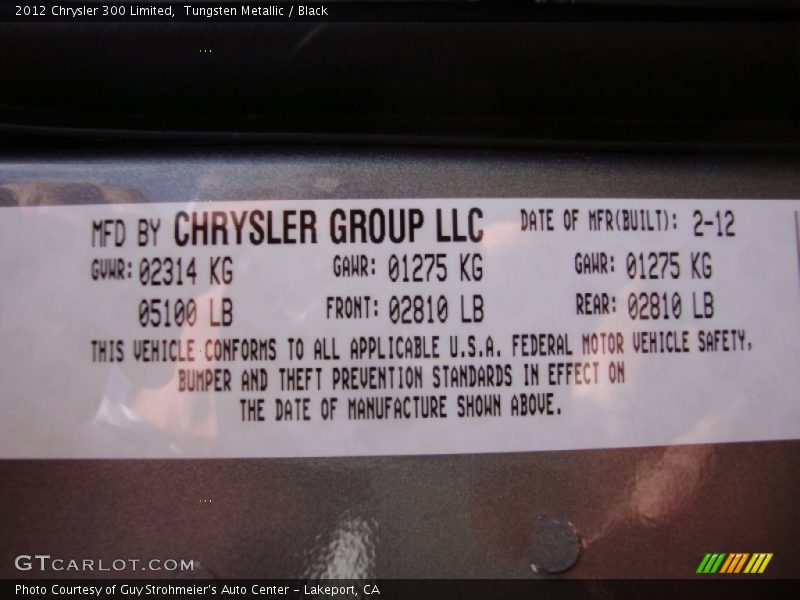 Tungsten Metallic / Black 2012 Chrysler 300 Limited