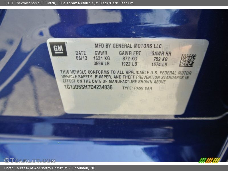 Blue Topaz Metallic / Jet Black/Dark Titanium 2013 Chevrolet Sonic LT Hatch