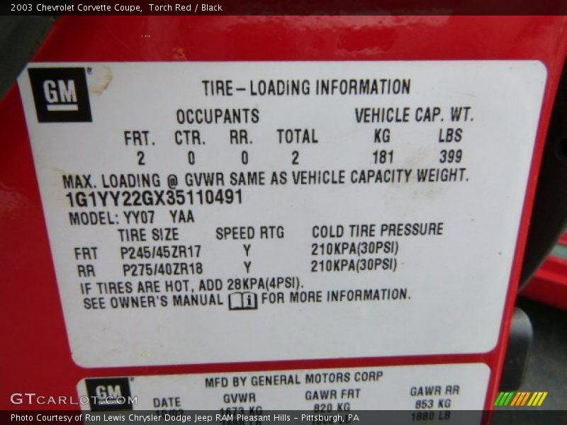Info Tag of 2003 Corvette Coupe