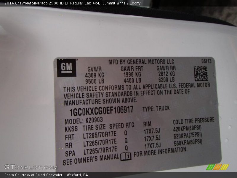 Info Tag of 2014 Silverado 2500HD LT Regular Cab 4x4