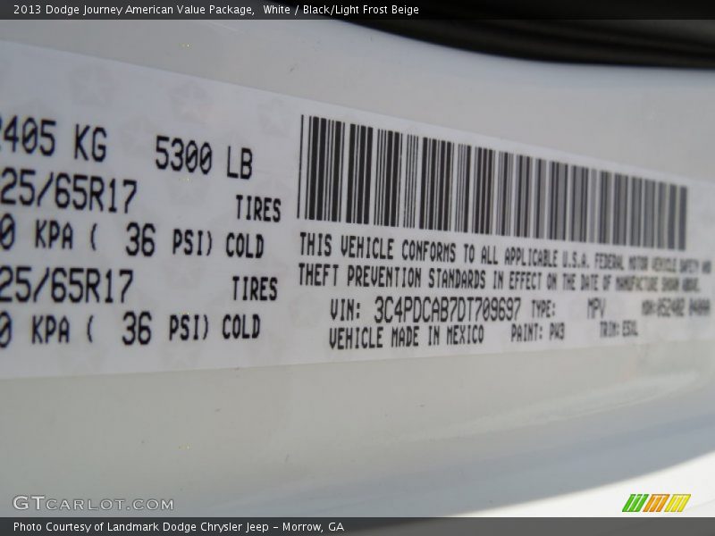 White / Black/Light Frost Beige 2013 Dodge Journey American Value Package