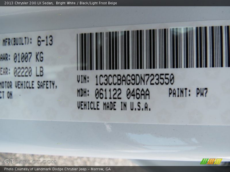 Bright White / Black/Light Frost Beige 2013 Chrysler 200 LX Sedan