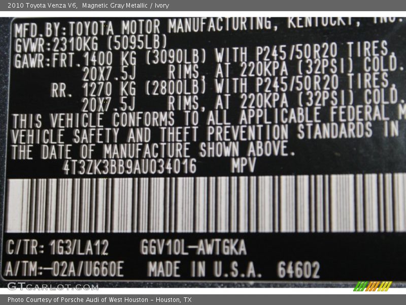 Magnetic Gray Metallic / Ivory 2010 Toyota Venza V6