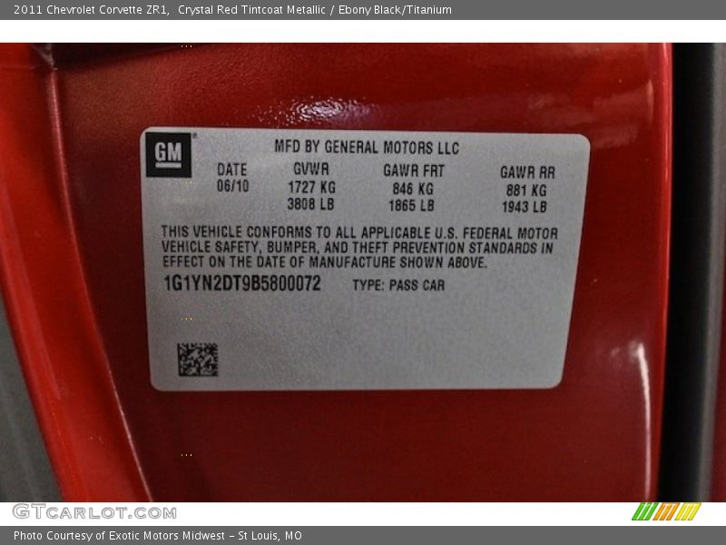 Info Tag of 2011 Corvette ZR1