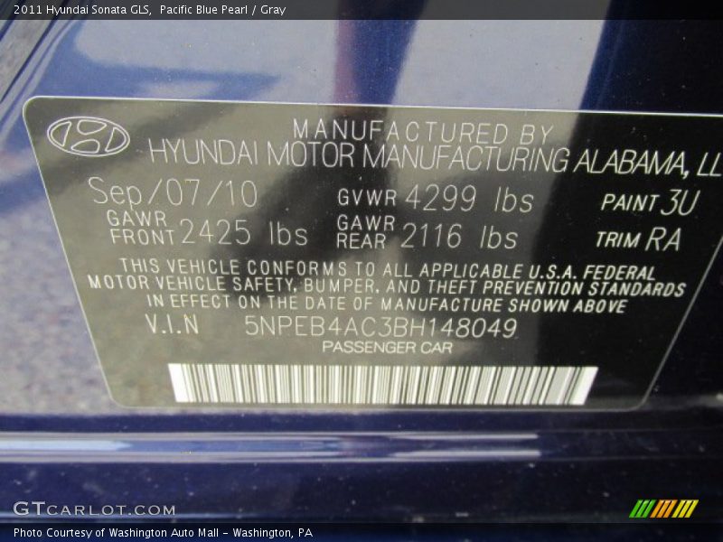 Pacific Blue Pearl / Gray 2011 Hyundai Sonata GLS