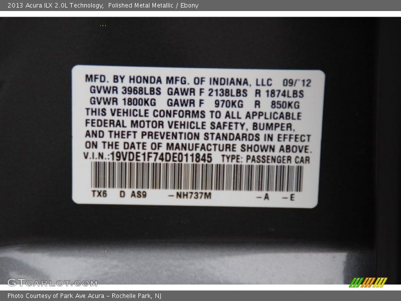 2013 ILX 2.0L Technology Polished Metal Metallic Color Code NH737M