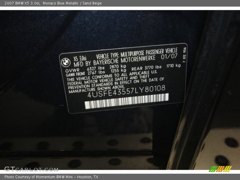 Monaco Blue Metallic / Sand Beige 2007 BMW X5 3.0si