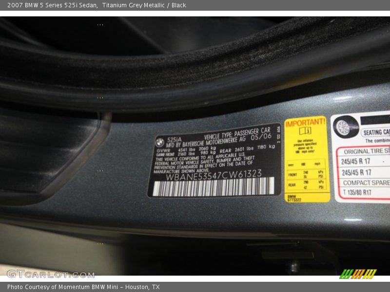 Titanium Grey Metallic / Black 2007 BMW 5 Series 525i Sedan