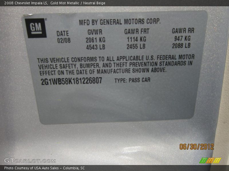 Gold Mist Metallic / Neutral Beige 2008 Chevrolet Impala LS