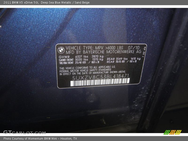 Deep Sea Blue Metallic / Sand Beige 2011 BMW X5 xDrive 50i