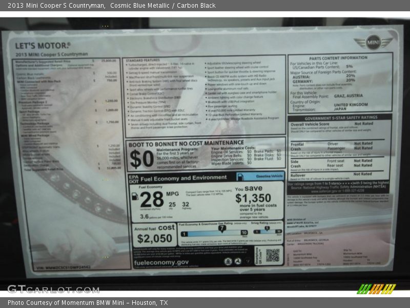 Cosmic Blue Metallic / Carbon Black 2013 Mini Cooper S Countryman