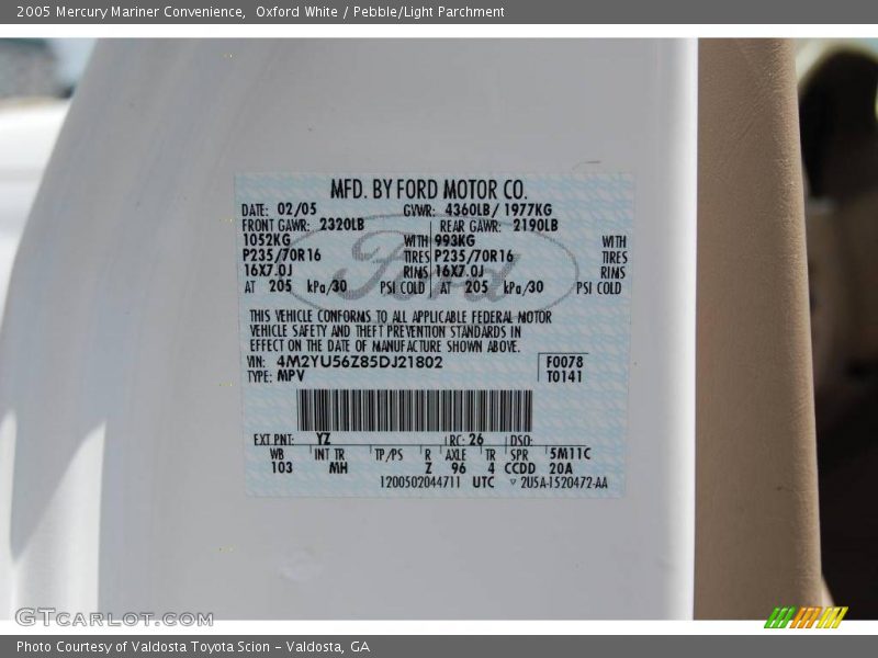 Oxford White / Pebble/Light Parchment 2005 Mercury Mariner Convenience