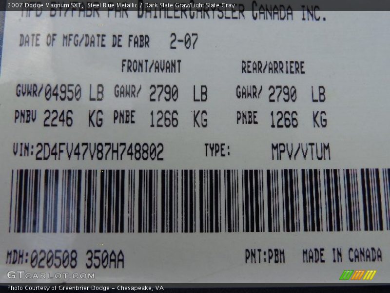 Steel Blue Metallic / Dark Slate Gray/Light Slate Gray 2007 Dodge Magnum SXT