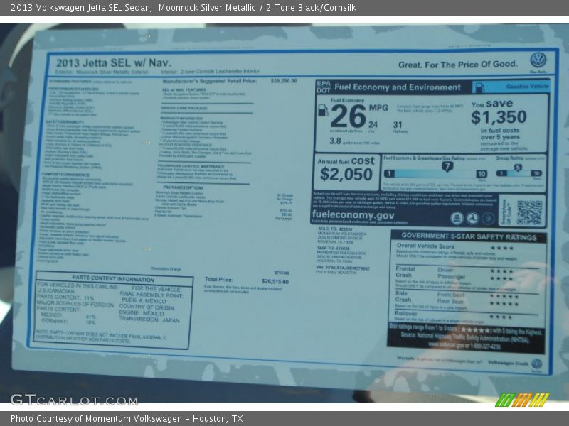 Moonrock Silver Metallic / 2 Tone Black/Cornsilk 2013 Volkswagen Jetta SEL Sedan