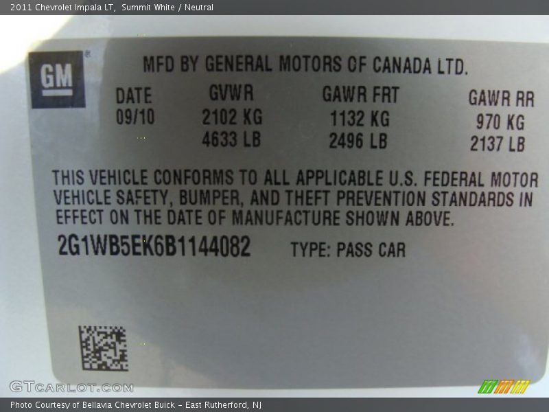 Summit White / Neutral 2011 Chevrolet Impala LT