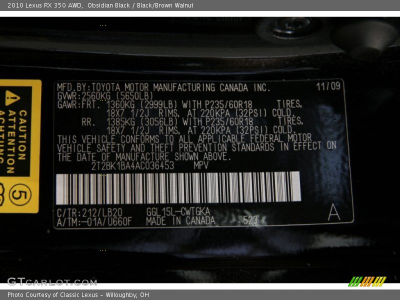 Obsidian Black / Black/Brown Walnut 2010 Lexus RX 350 AWD
