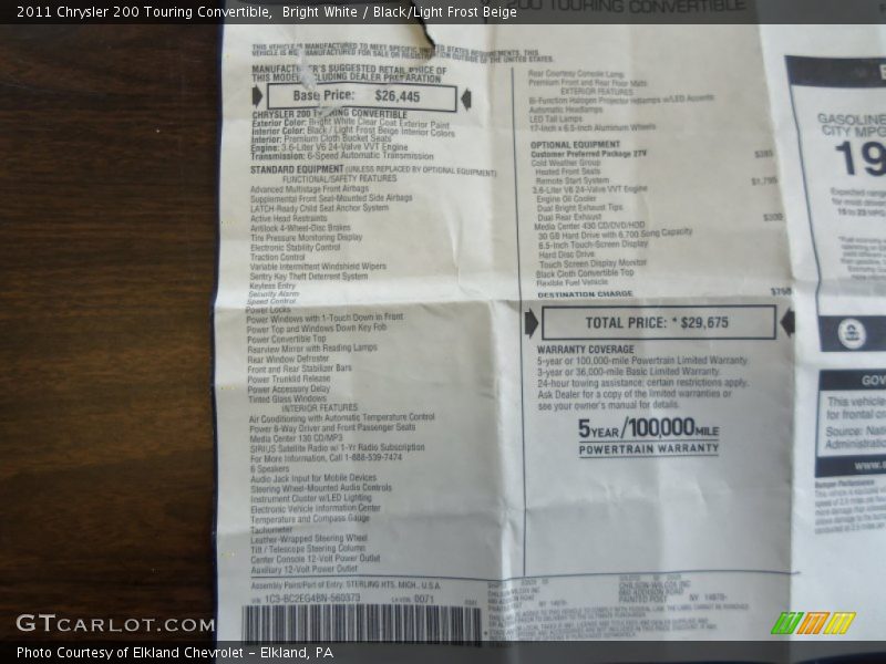  2011 200 Touring Convertible Window Sticker