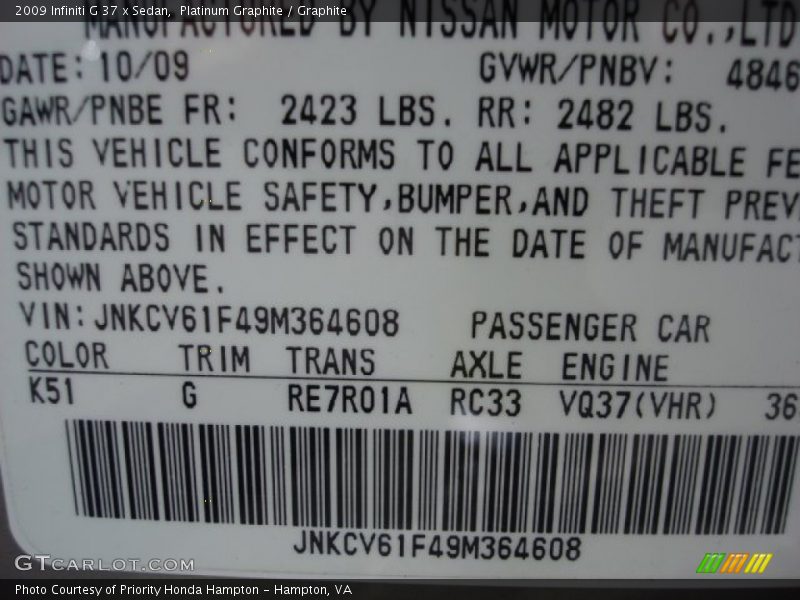Platinum Graphite / Graphite 2009 Infiniti G 37 x Sedan