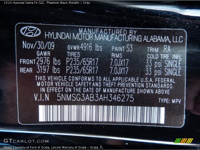 Phantom Black Metallic / Gray 2010 Hyundai Santa Fe GLS