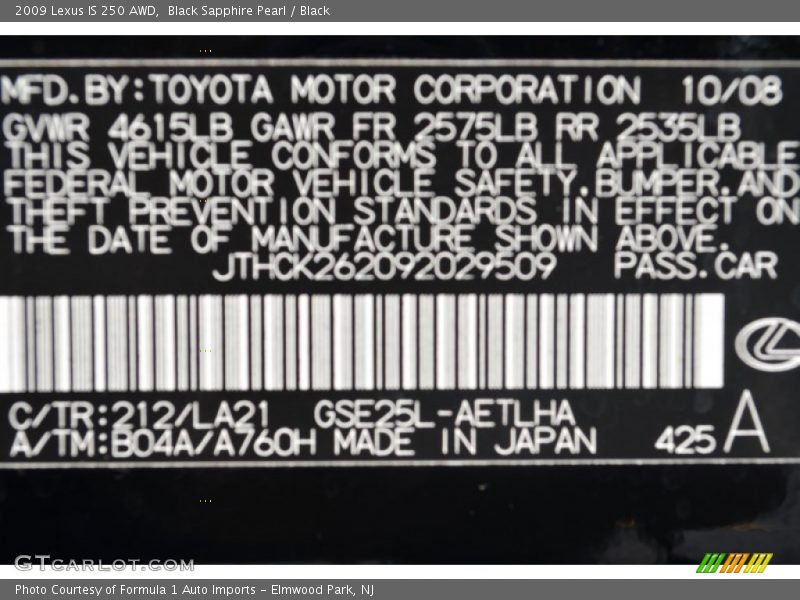 Black Sapphire Pearl / Black 2009 Lexus IS 250 AWD