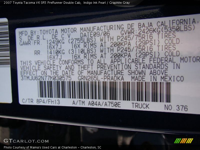 Indigo Ink Pearl / Graphite Gray 2007 Toyota Tacoma V6 SR5 PreRunner Double Cab