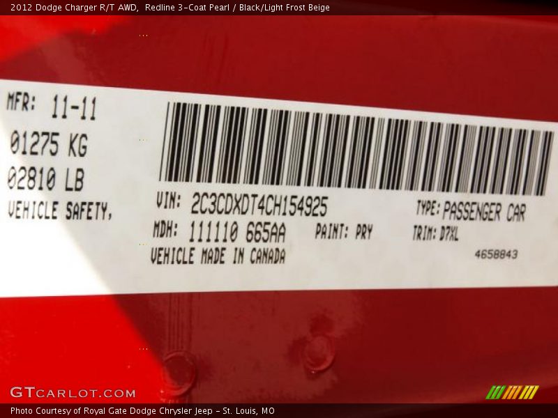 2012 Charger R/T AWD Redline 3-Coat Pearl Color Code PRY
