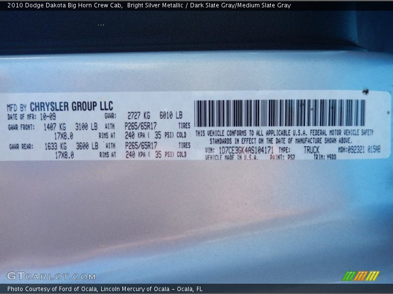 Bright Silver Metallic / Dark Slate Gray/Medium Slate Gray 2010 Dodge Dakota Big Horn Crew Cab