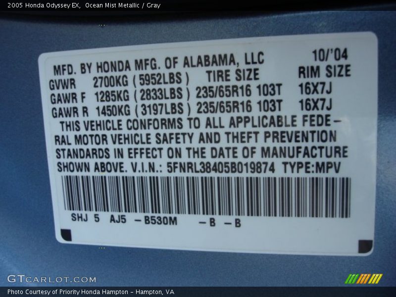 2005 Odyssey EX Ocean Mist Metallic Color Code B530M
