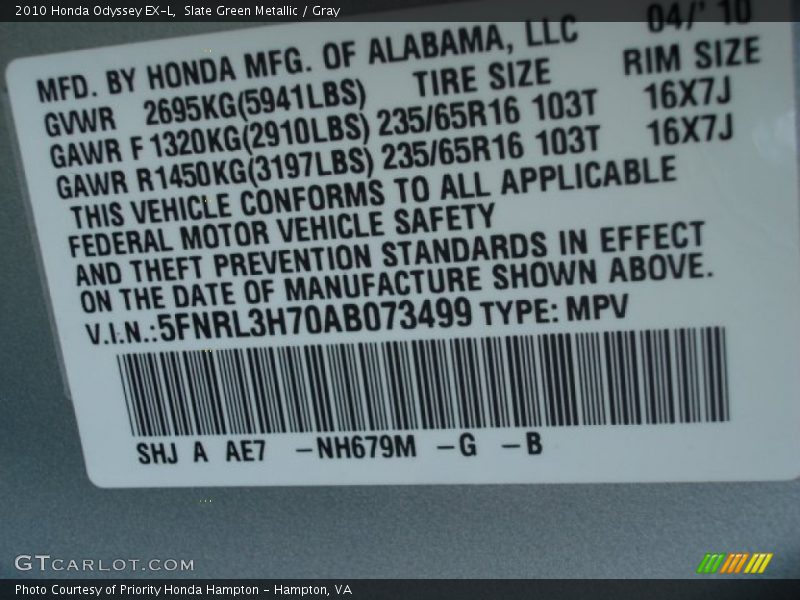 Slate Green Metallic / Gray 2010 Honda Odyssey EX-L
