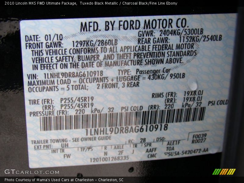 Tuxedo Black Metallic / Charcoal Black/Fine Line Ebony 2010 Lincoln MKS FWD Ultimate Package