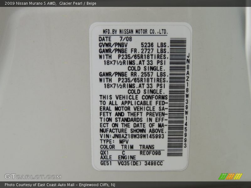 Glacier Pearl / Beige 2009 Nissan Murano S AWD