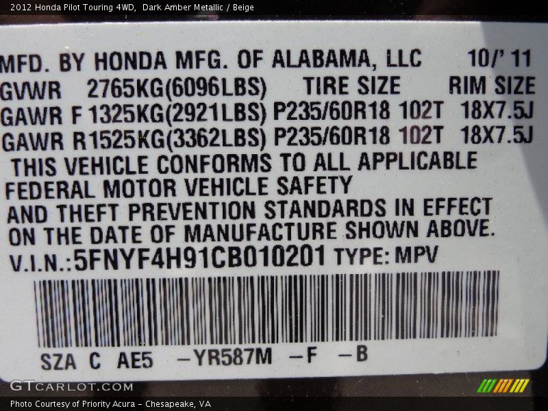 Dark Amber Metallic / Beige 2012 Honda Pilot Touring 4WD