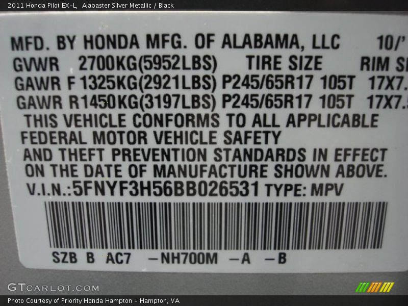Alabaster Silver Metallic / Black 2011 Honda Pilot EX-L