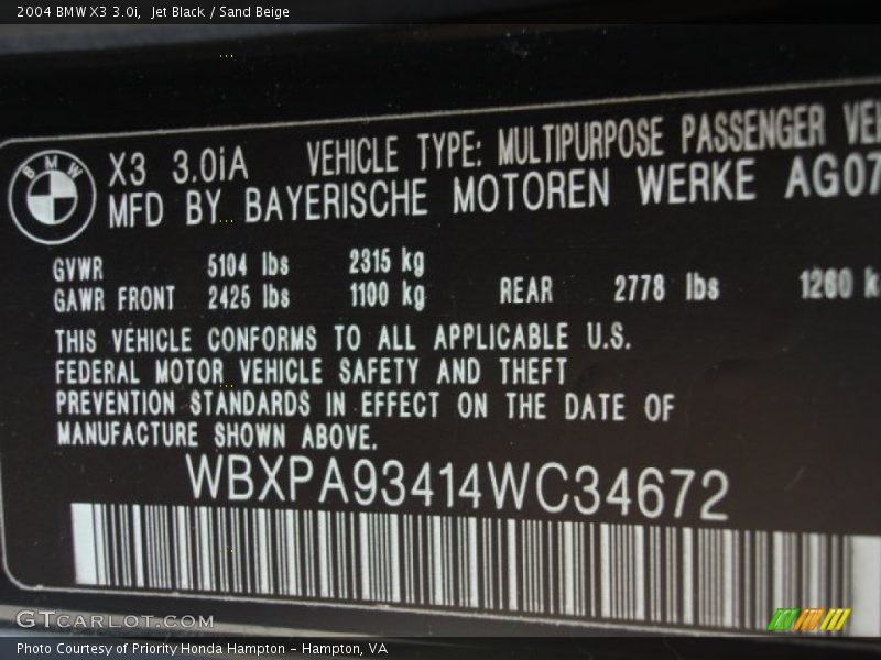 Jet Black / Sand Beige 2004 BMW X3 3.0i