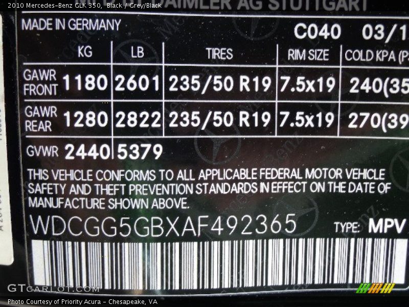 Black / Grey/Black 2010 Mercedes-Benz GLK 350