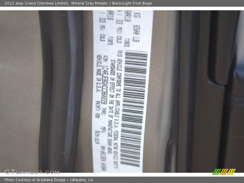 Mineral Gray Metallic / Black/Light Frost Beige 2012 Jeep Grand Cherokee Limited