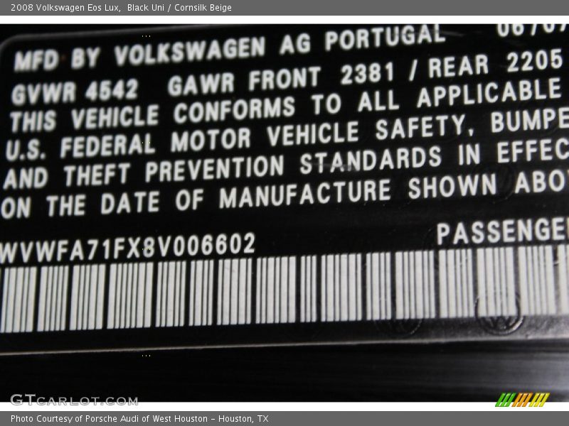 Black Uni / Cornsilk Beige 2008 Volkswagen Eos Lux