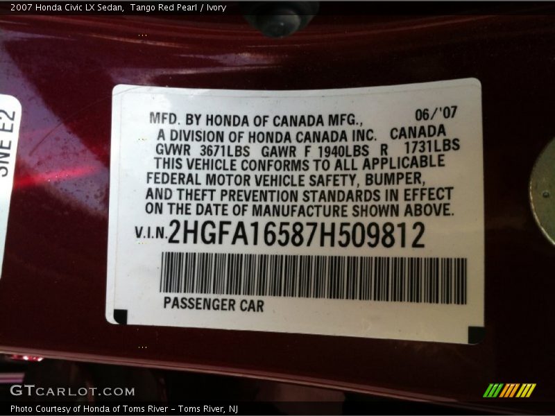 Tango Red Pearl / Ivory 2007 Honda Civic LX Sedan