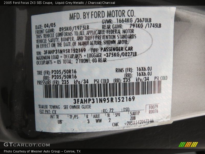 2005 Focus ZX3 SES Coupe Liquid Grey Metallic Color Code CX