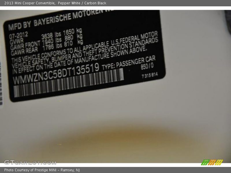 Pepper White / Carbon Black 2013 Mini Cooper Convertible